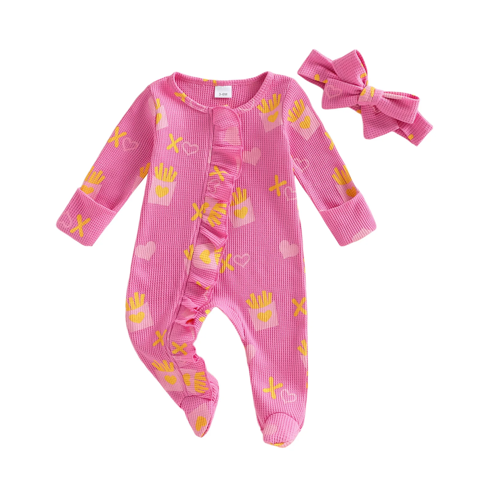 Toddler Girls Set Short Sleeve Round Neck Ice Cream Cone Print Romper with Ruffle Shorts and Matching Headband Summer Outfit