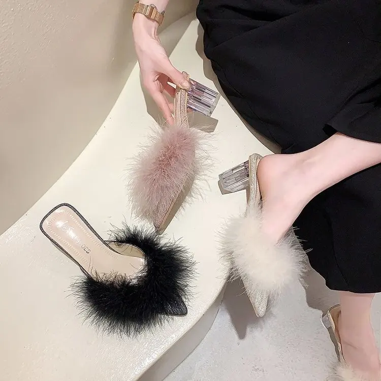 Female Shoes Ladies' Slippers Pointed Toe Women Heels Fur Flip Flops 2025 Soft High Cover Plush Casual Slides Pumps Leisure