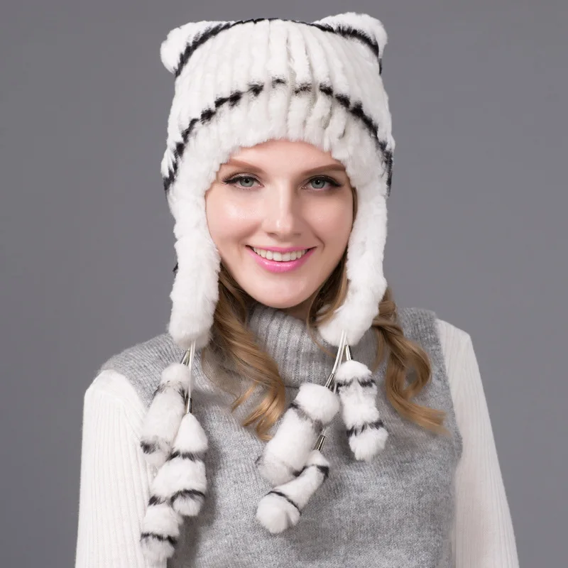 High Quality Synthetic Fur Woven Ear Protection Fur Hat for Women Rabbit Hair Whole Skin Knitted Hat Is Selling Well