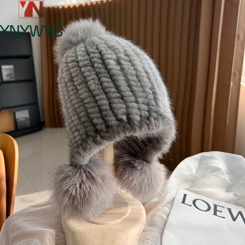 

Winter Hot Sale Real Mink Fur Hat For Women Knitted Mink Fur Ear Warm Cap The Spiral Beanies Cap With Fox Fur Pompom On The Top