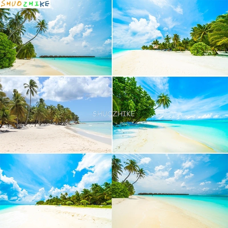 Coconut Palm Tree Island Landscape Sandy Beach Photography Backdrops Tropical Sea Blue Sky Cloud Photo Studio Background SD-06