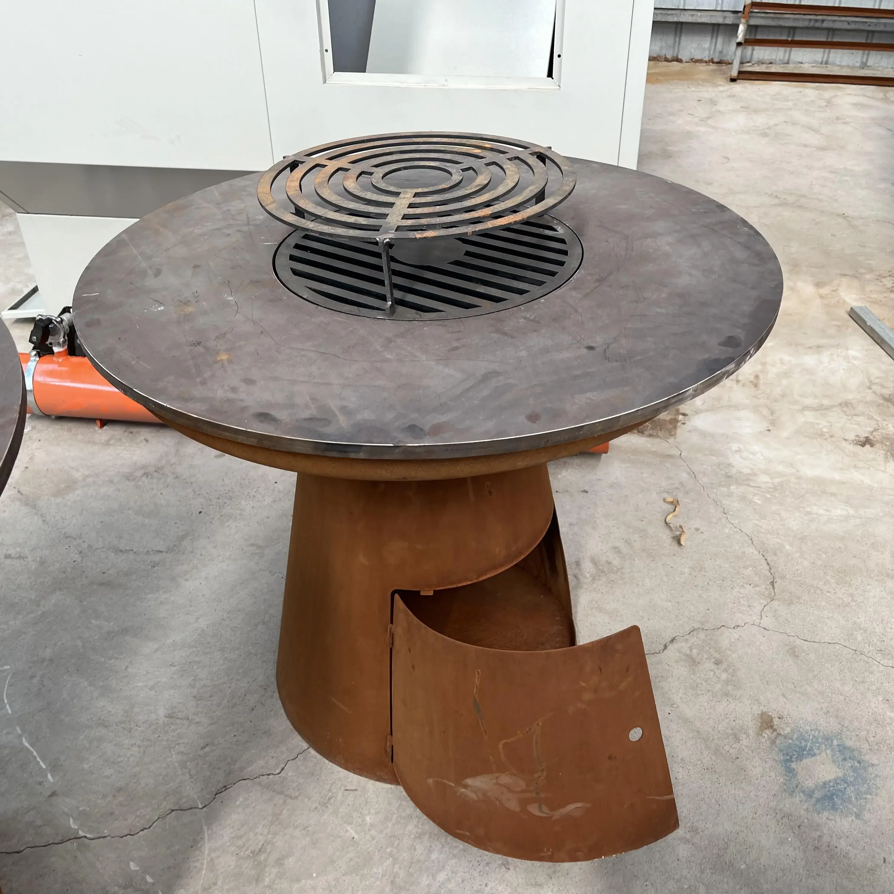-Outdoor Garden Corten Steel Fire Pit Large BBQ With Storage Cabinet