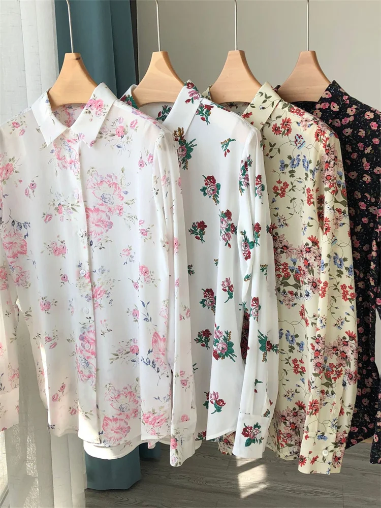 

Ladies Turn Down Collar Single Breasted Elegant Shirt Spring Summer 2024 New Women 100% Silk Vintage Floral Printed Blouse