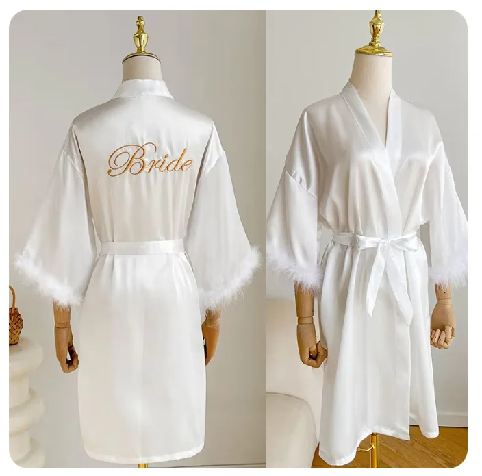 Wedding Bride Bridesmaid Robe Satin Kimono Intimate Lingerie Lady Sexy Feather Sleeve Bathrobe Nightgown Short Sleepwear Onesize