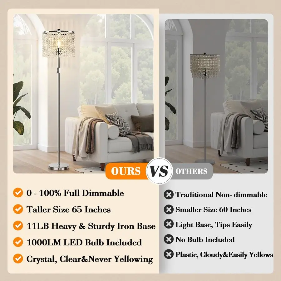 Dimmable Crystal Floor Lamps for Living Room, 1000LM LED Bulb Included, Standing Lamp with Knob Switch, Tall Silver Pole Light f