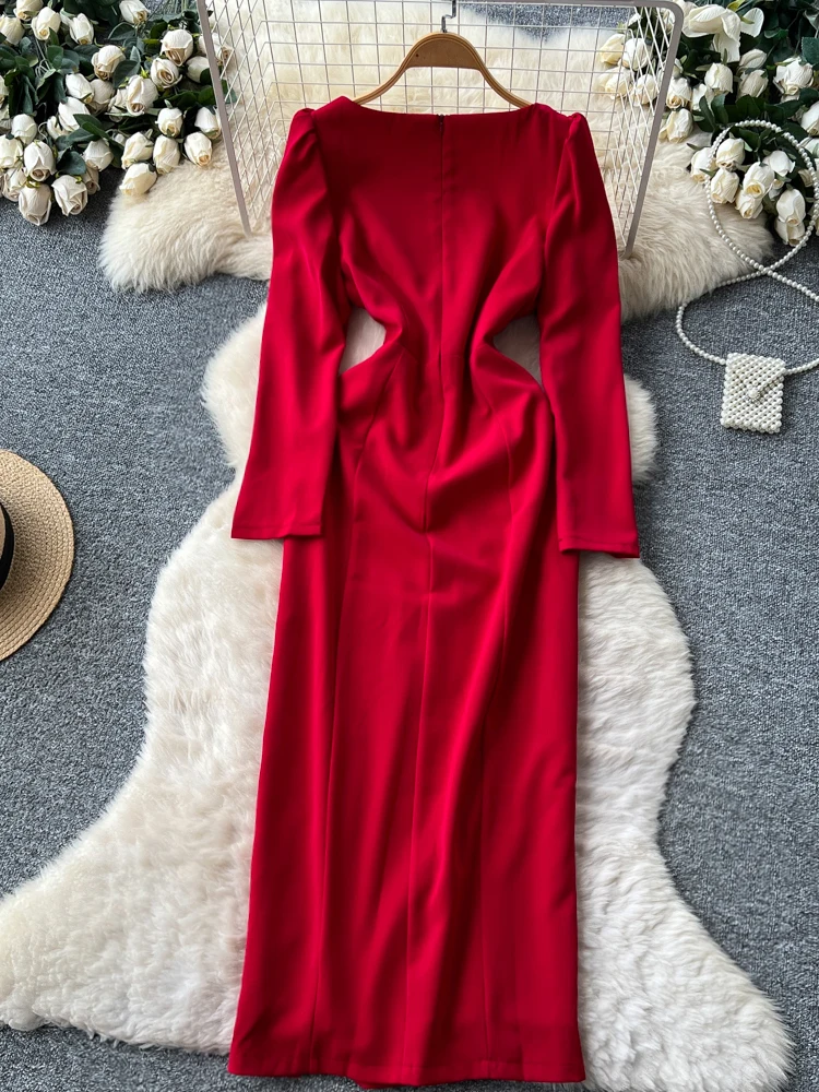 Abito da donna ricamato a maniche lunghe, vestibilità slim, vita alta, linea ad A, con paillettes e ricami elaborati, ideale per il commuting.