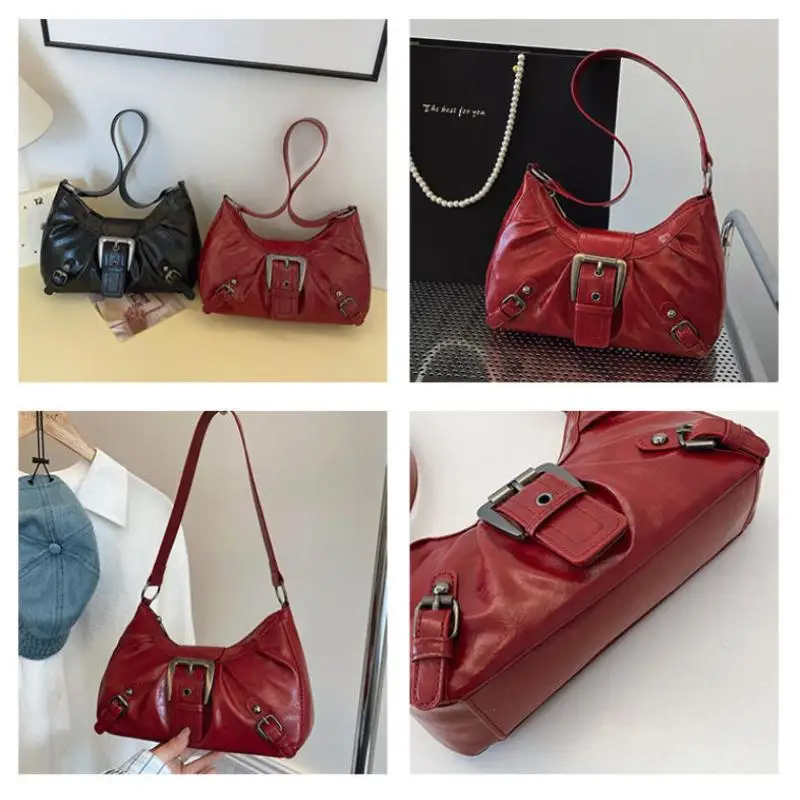 Y2K Retro Pleated Leather Shoulder Bag Handbags For Women Underarm Bag Clutch Handbags For Travel Work Shopping Chain Tote Purse view 5