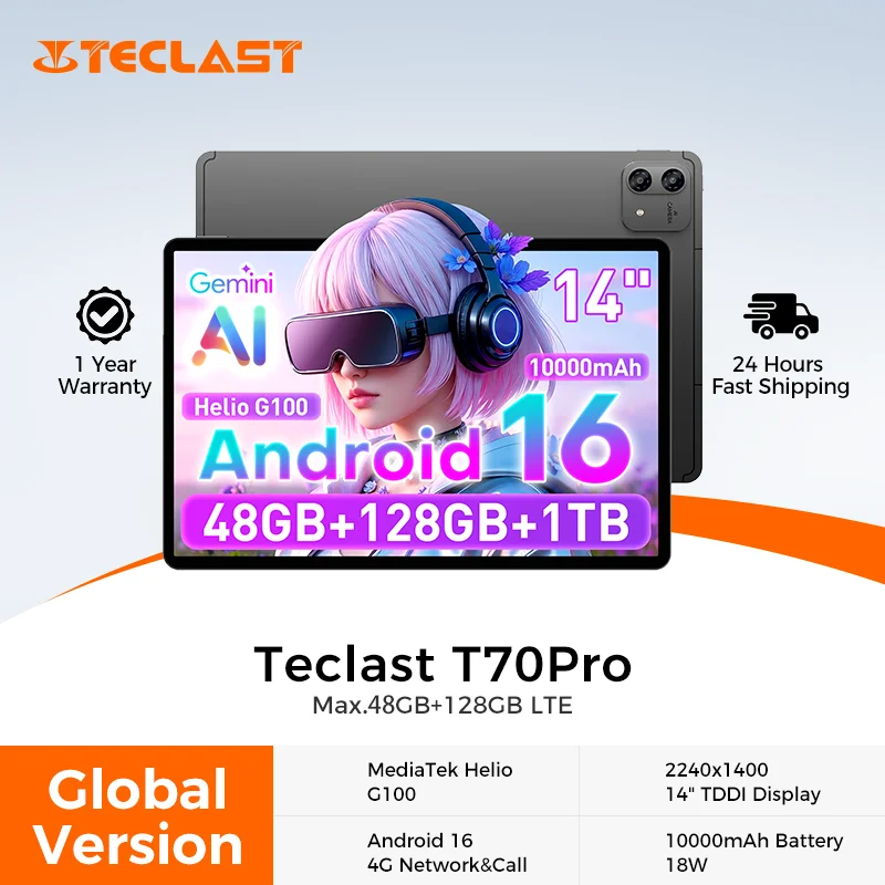 Teclast T70 Pro 14" 2.2K Display 2240x1400 MTK Helio G100 Max. 48GB RAM 128GB ROM Android 16 Tablets PC 10000mAh 18W 4G LTE