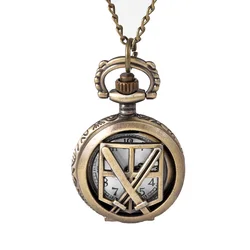 Vintage Hollow Out Cross Double Knife Pocket Watches Bronze Quartz Steampunk Pendant Watch Necklace for Men Ornaments LL@17