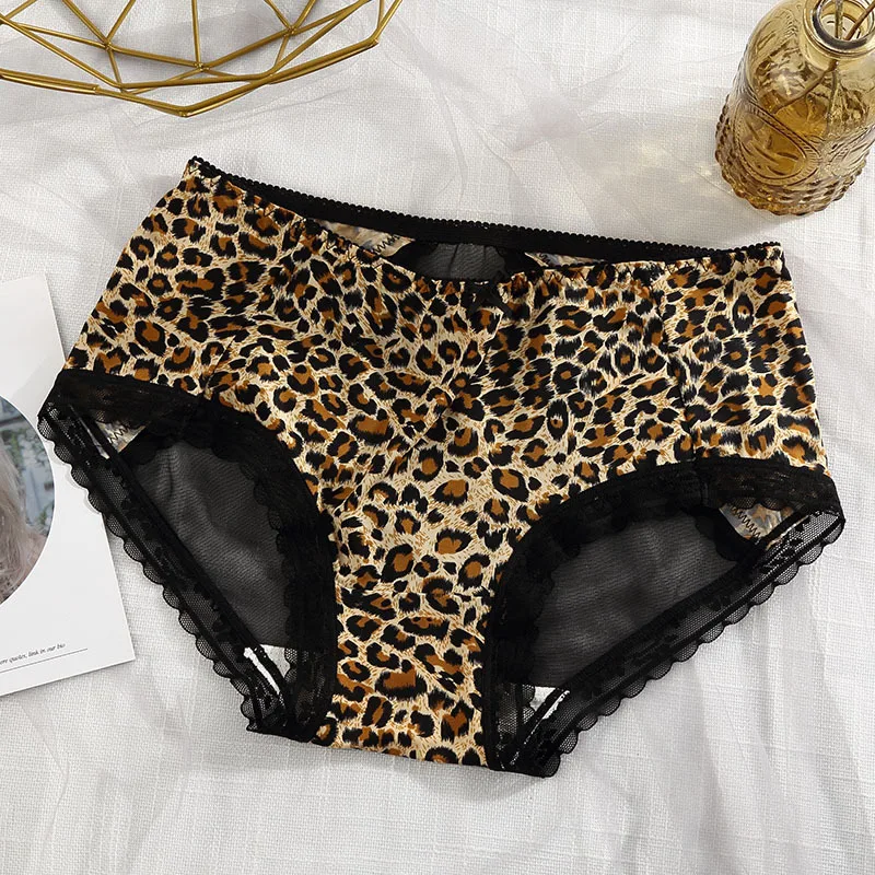 Ice Silk Leopard Pattern Sexy Women\'s Underwear Transparent High Waist Cotton Crotch Traceless Panties Bow Mesh Briefs Lingerie