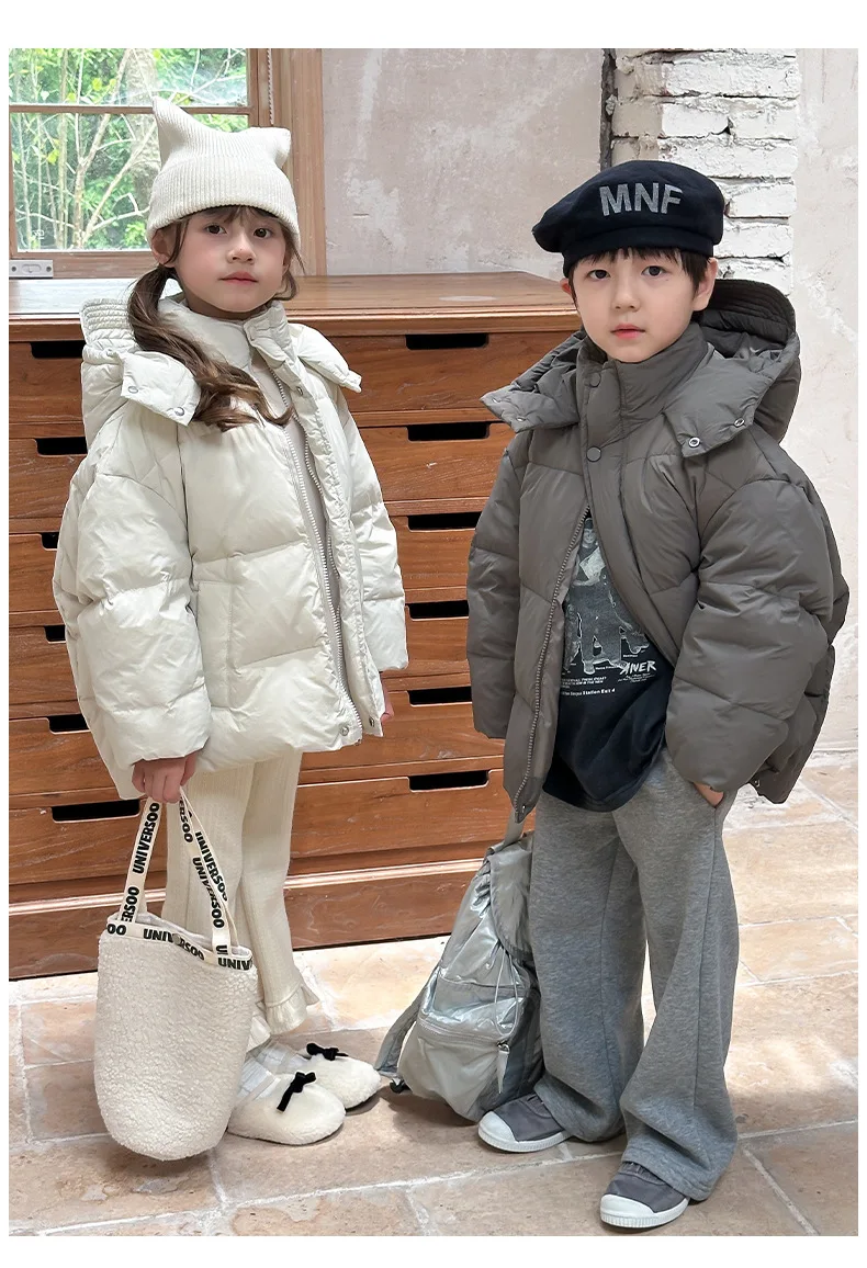 

Kids Winter Puffer Jacket New Korean Thick Hooded Coat with White Duck Down Unisex Warm Parka for 5-14Y Boys & Girls