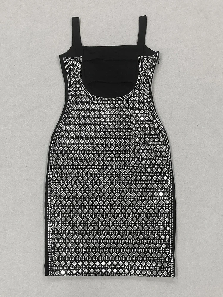 Sexy Träger, quadratischer Kragen, glänzende Diamanten, Verbandkleid für Damen, schwarz, ärmellos, rückenfrei, Kristall, figurbetonte Kleider, Abendclub