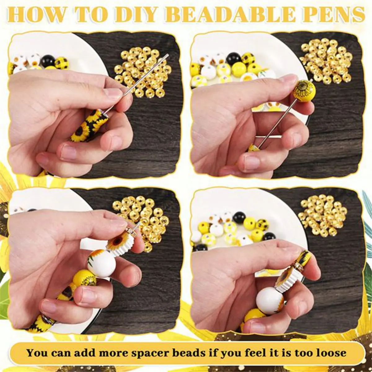 【Best Seller】12 Set Plastic Beadable Pens Assorted Bead Pens Wood Beads Spacer Beads Set Round Beads Black Ink Ballpoint Pen
