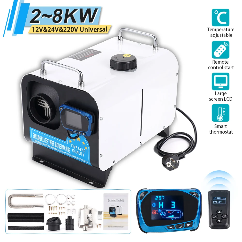 2-8KW 12V&24V&220V Car Diesel Heater Bluetooth Fast Heating DC&AC Universal LCD Switch for Camping Trucks Vans Parking Heater