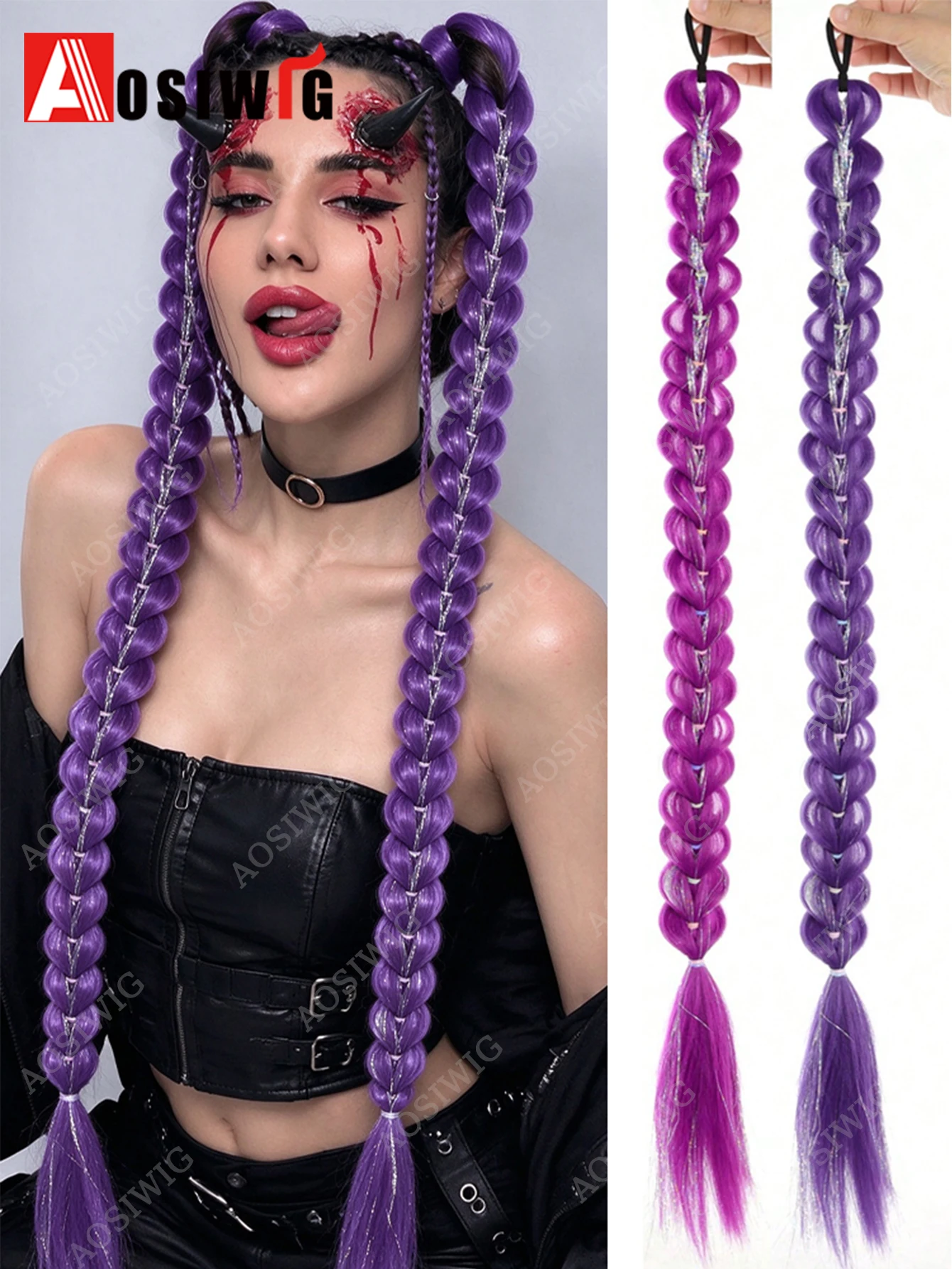 32Inch Elastic Hair Tie Lantern Bubble Braid Ponytail Synthetic Hair Extension With Shiny Tinsel Strands For Women Daily Party C