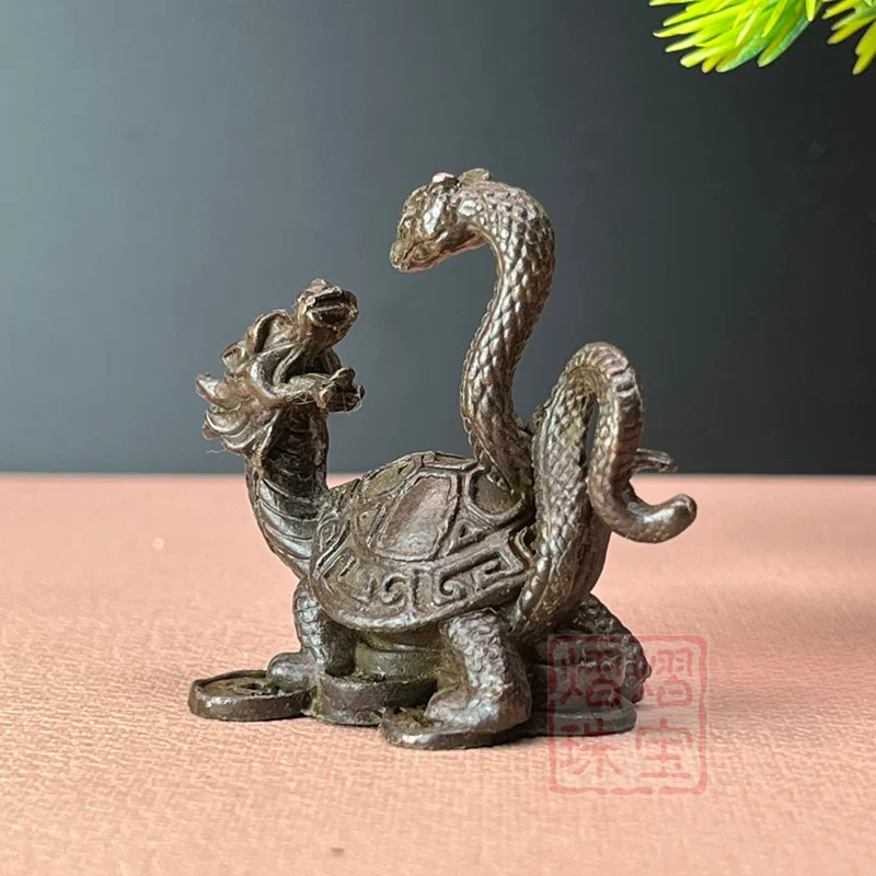 Ancient Bronze-Colored Four Divine Beasts Xuanwu Small Pet Tea Ornament  Room and Office Desk Metal Craft Decorati