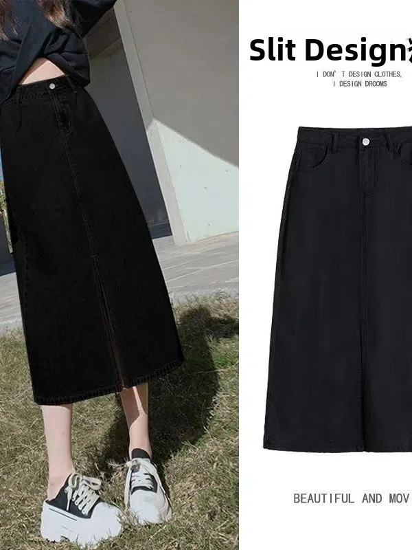 

Джинсовая юбка А-силуэта с высокой талией для женщин, облегающая, с разрезом, повседневная, модная, весна 2026, черная, премиум-класса