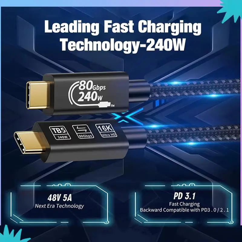 ABZW Thunderbolt 5 80Gbps USB 4.0 Type-C كابل تمديد البيانات 240 واط 16 كيلو كابل شحن سريع تخزين بيانات فائق السرعة لـ USB C Mo