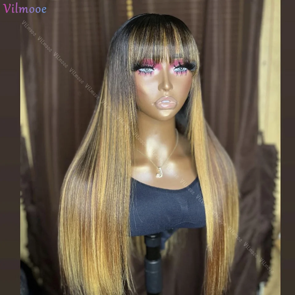 

180 Density Highlight Bone Straight Glueless Silk Top Lace Front Wigs with Bangs Silk Base Lace Closure Wigs for Black Women