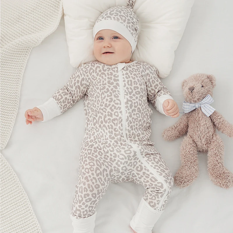 Newborn Bamboo Fiber Flower Print Jumpsuit Long Sleeve Baby Boys Girls Soft Rompers Kids Clothes Climb Suits Zipper Sleepwear