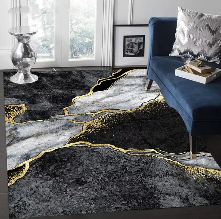 Large Area Marble Vein Pattern Area Rug for Living Room and Bedroom Decor - Modern Gray and Black Design
