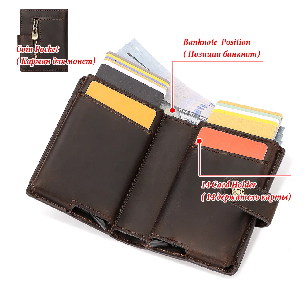 

Crazy Horse Leather RFID Credit Card Holder Mens Double Anti Rfid Bank Cardholder Case Wallet Metal Business Minimalist Purse