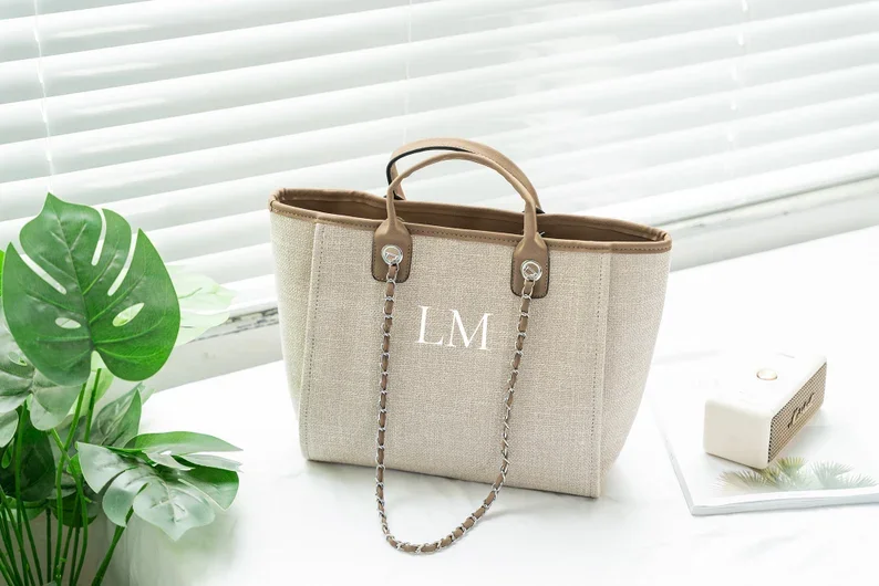 Tote Beach Bag Bride Birthday Gift Chain Tote Bag Summer Personalised Light Grey/Beige Canvas Tote Bag Initial Handbag