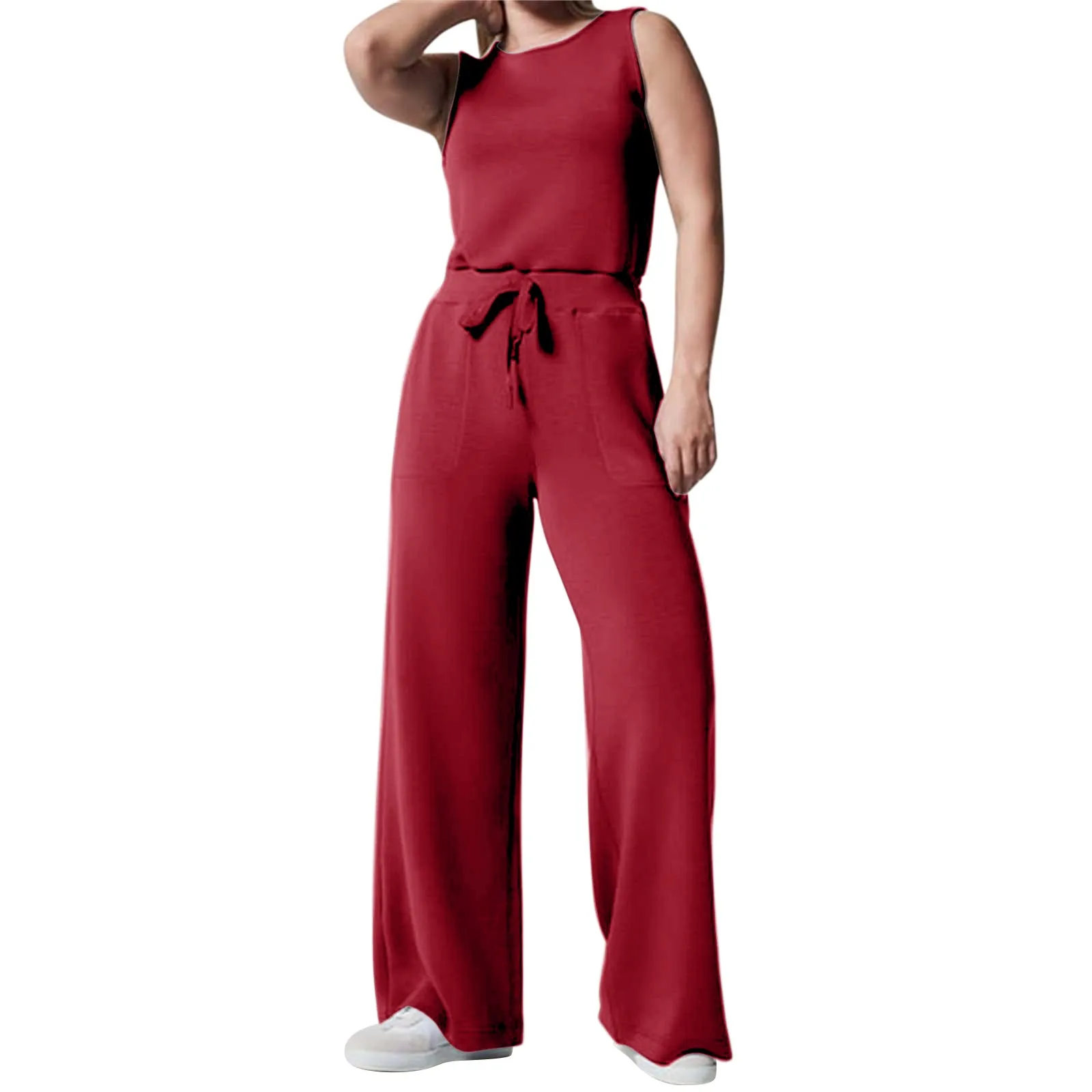 

Spring Solid Slim Back Button Ol Jumpsuit Summer O Neck Sleeveless Tank Playsuit Women Drawstring Straight Pants Romper Overalls