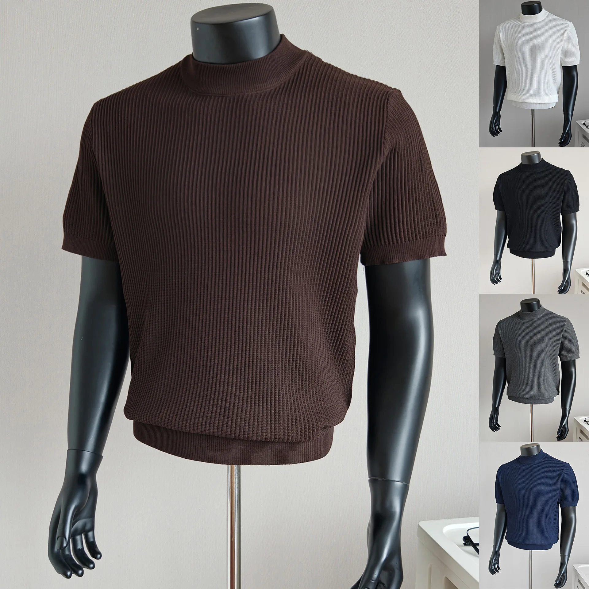 Man Knitting Base Layer 2026 Summer Men Solid Color Ice Silk Knit Tee Henry Collar Slim Fit Short