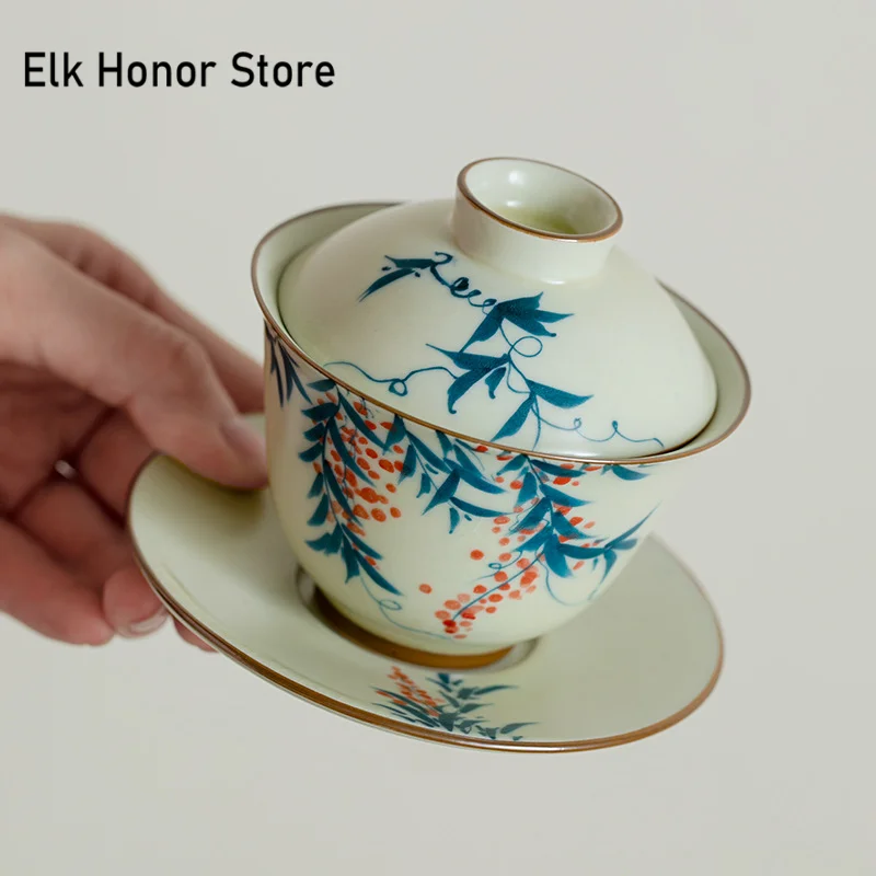 130ml Hand-paintd Wistria Flower Gaiwan Handmade Wheat-straw Yllow Ru Kiln Tea Tureen Tea Brewing Cover ciotola articoli da tรจ Craft