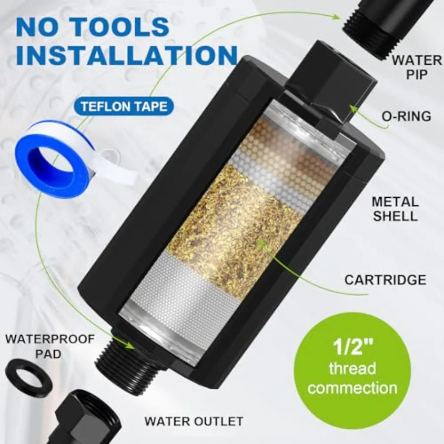 Filtr do głowicy prysznicowej ALL METAL KDF 55 z filtrem witrażowym C, E i A do twardej wody, wysokociśnieniowy, uniwersalny filtr do wody pod prysznic.