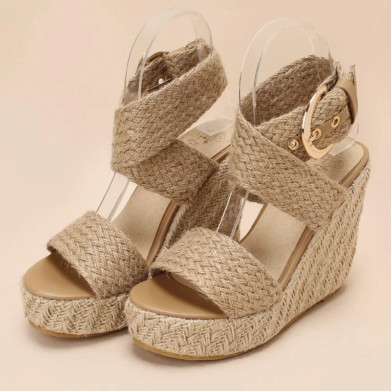 Large Size Platform Sandals Wedge Summer Shoes For Women Wedges High Heels Beige Knitted Gladiator Flip Flops Female Comfortable