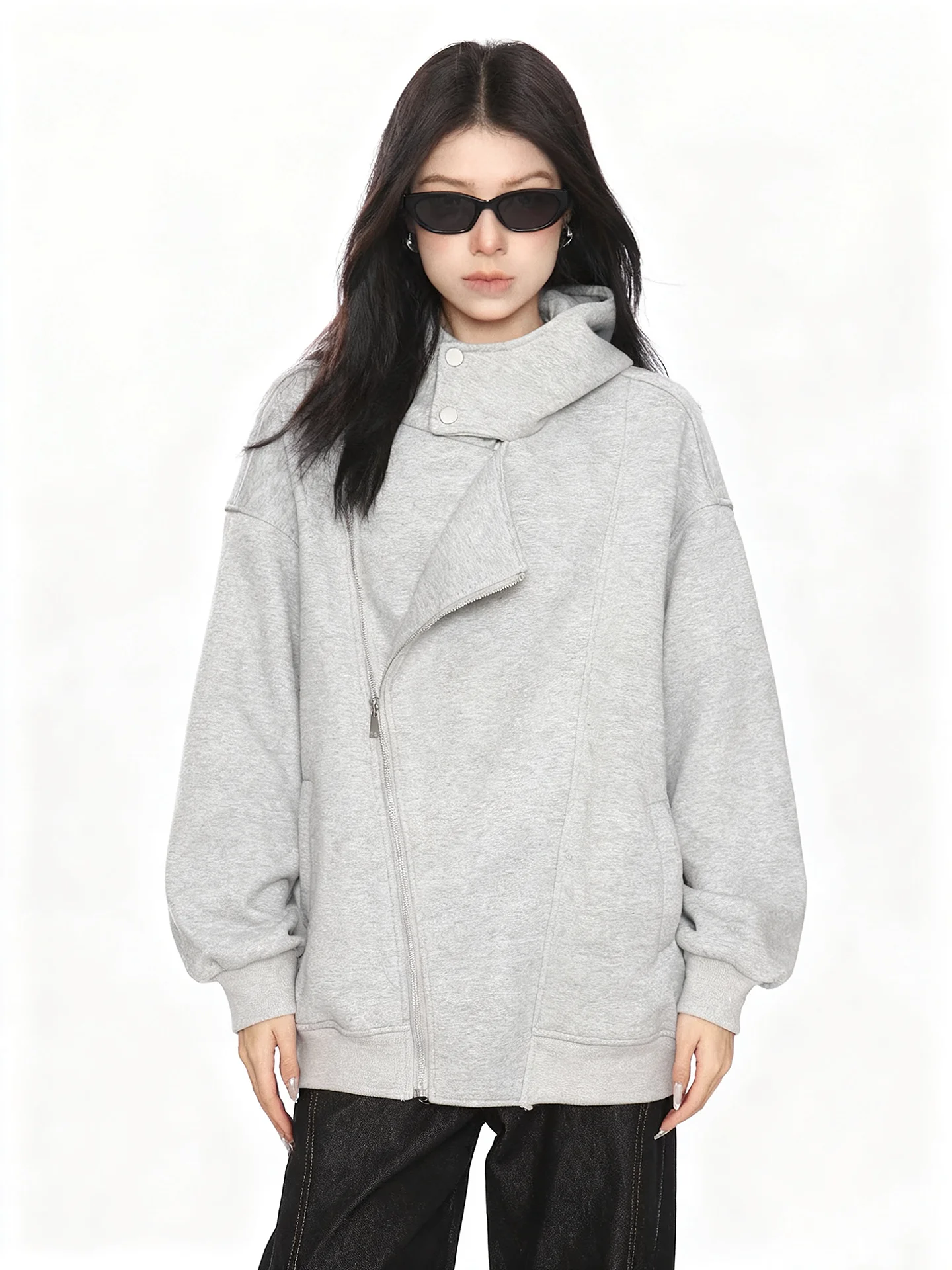 

Худи JYOOK American Sle Heavyweight Air Layer для женщин, осенне-зимняя, с асимметричным дизайном, верхняя одежда для пар, длинная молния