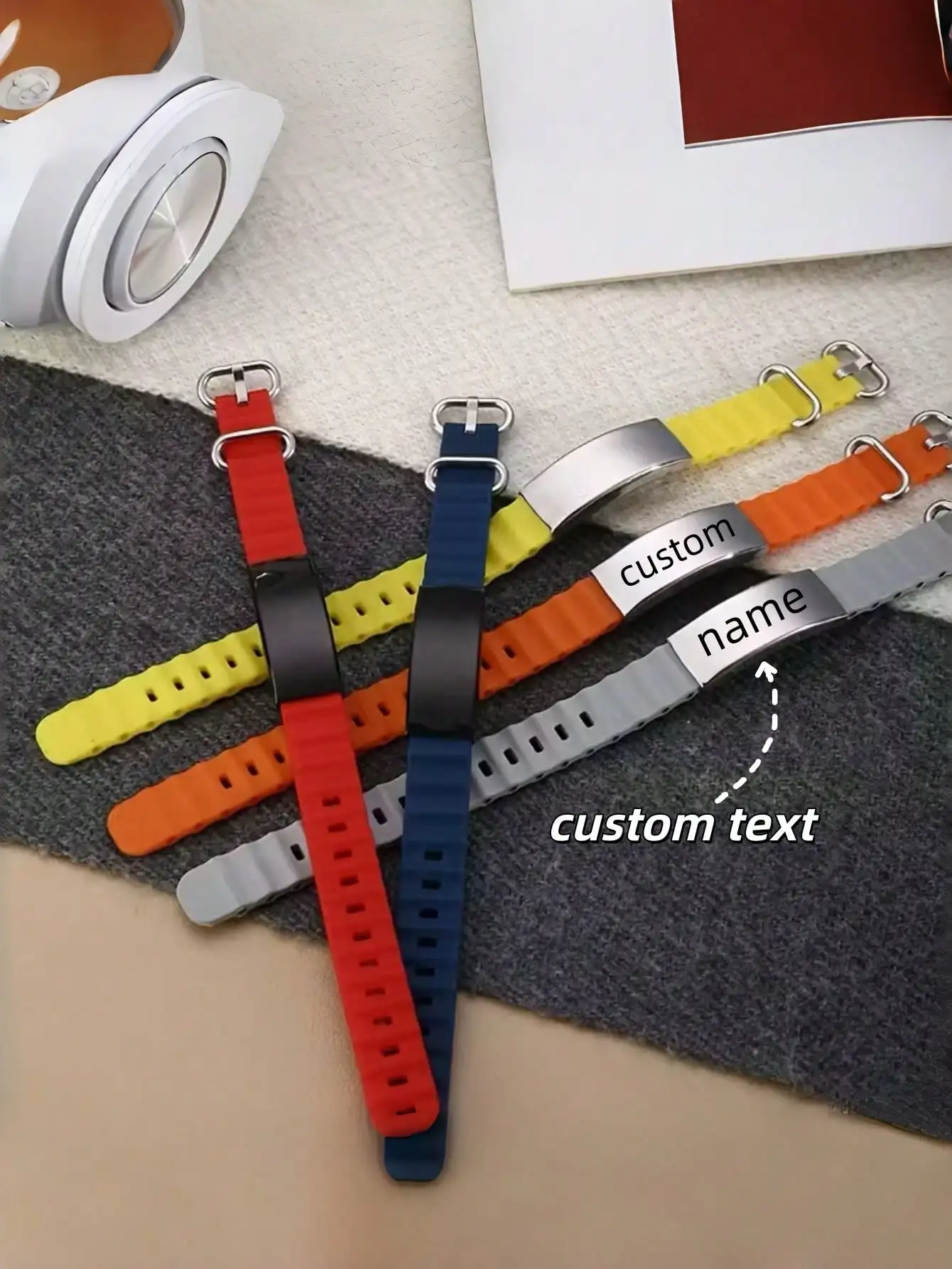 

Personalized Custom Logo Wristbands Crafted From Silicone And Titanium Steel, These Wristbands Feature A Marine Style And Boast