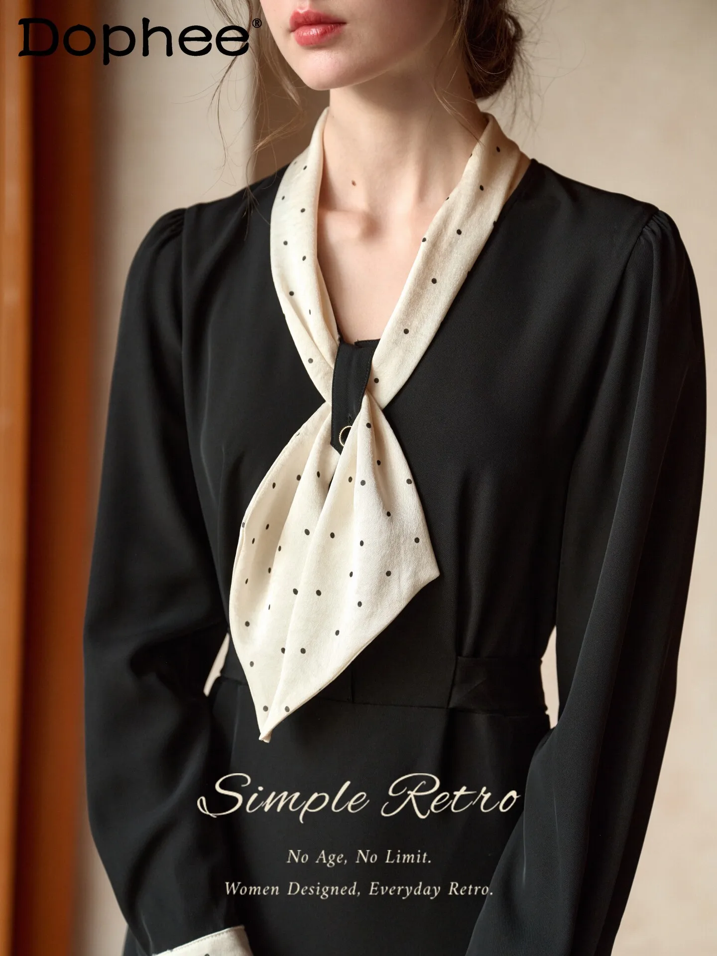

French Elegant Lady Polka Dot Black Dress Daily Commute Simple Versatile Loose Lady Long Sleeve Long Dress