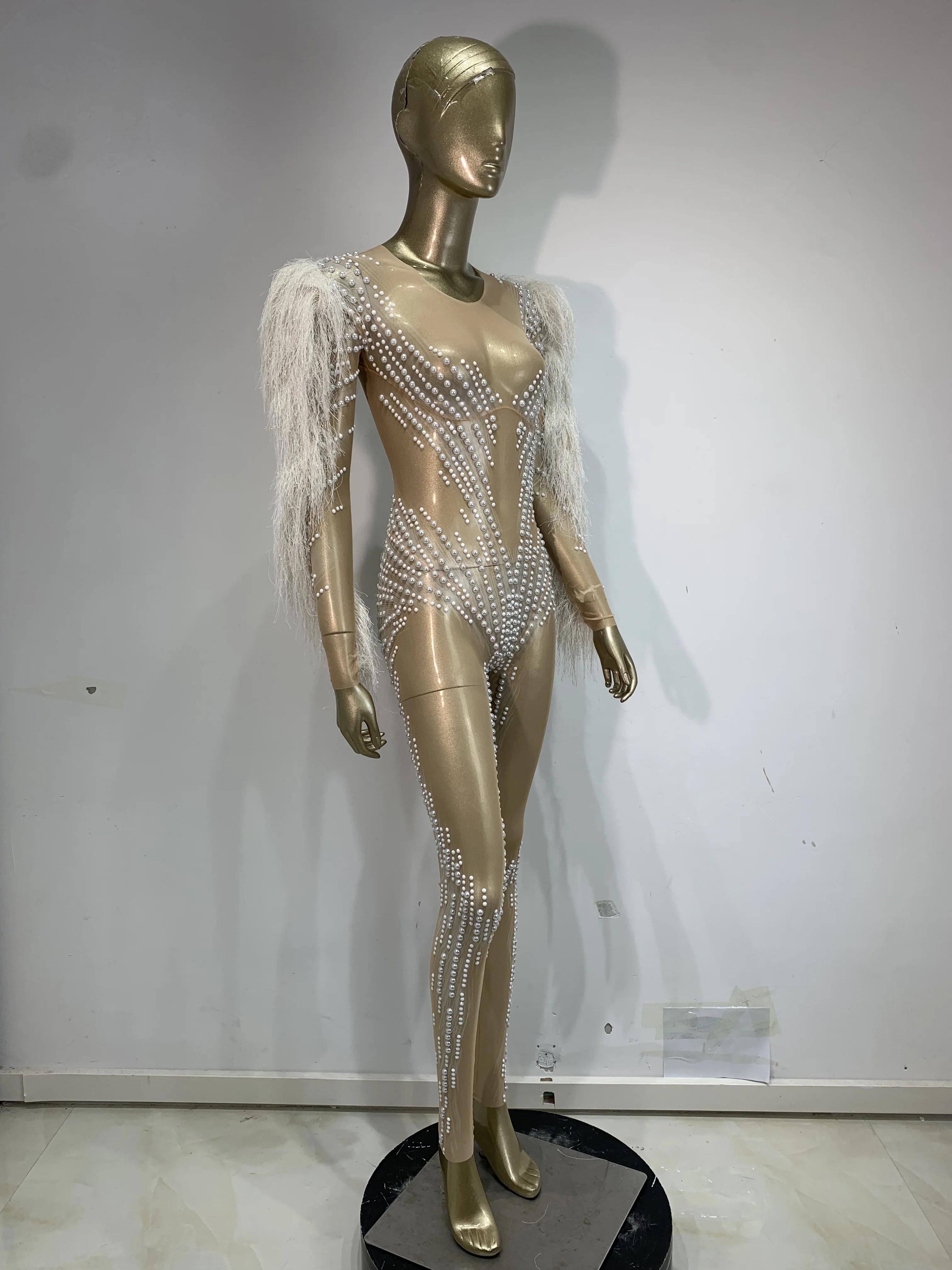 Women Elegant Pearl Mesh Transparent Long Sleeve Bodycon Jumpsuit Celebrate Birthday Sexy Nightclub Dancer Stage Costume