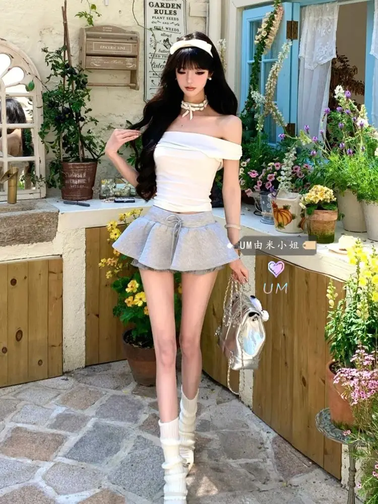 

Hot Girl Pure Sexy Suit Women's Summer Off Shoulder Short-sleeved T-shirt High-waist A-line Skirt Two-piece Set Female Clothes