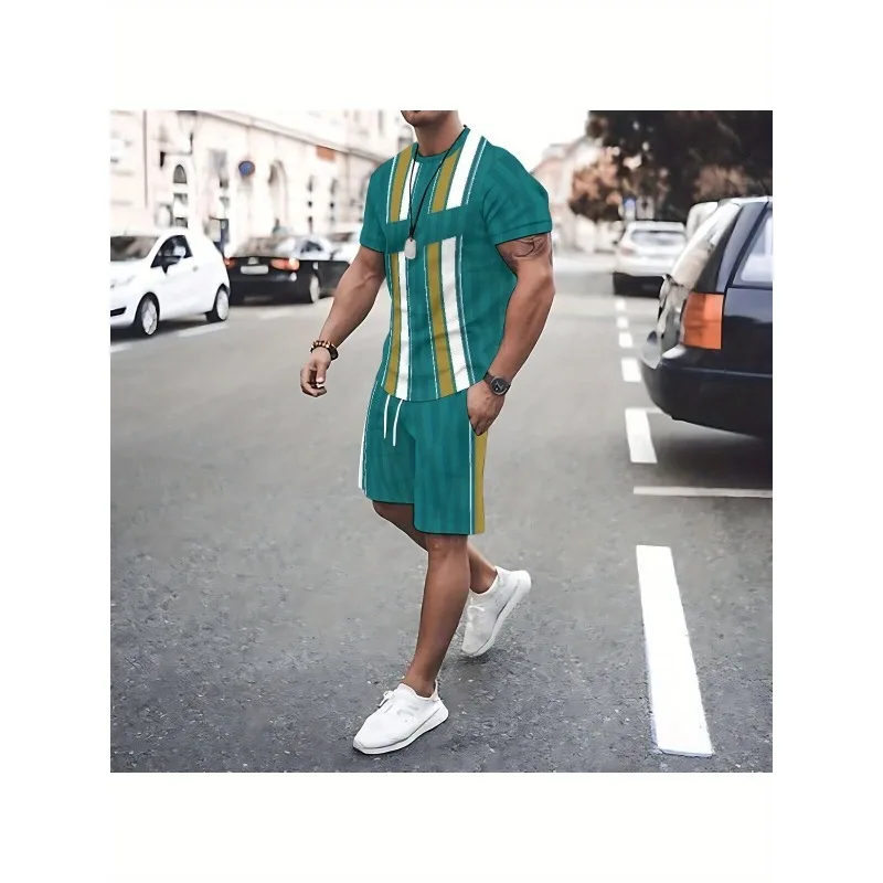 

2025 Trendy and Fun 3D Printed T-shirt Shorts Casual Daily Sports Polyester Fiber Round Neck Short Sleeved Set Fashionable Men