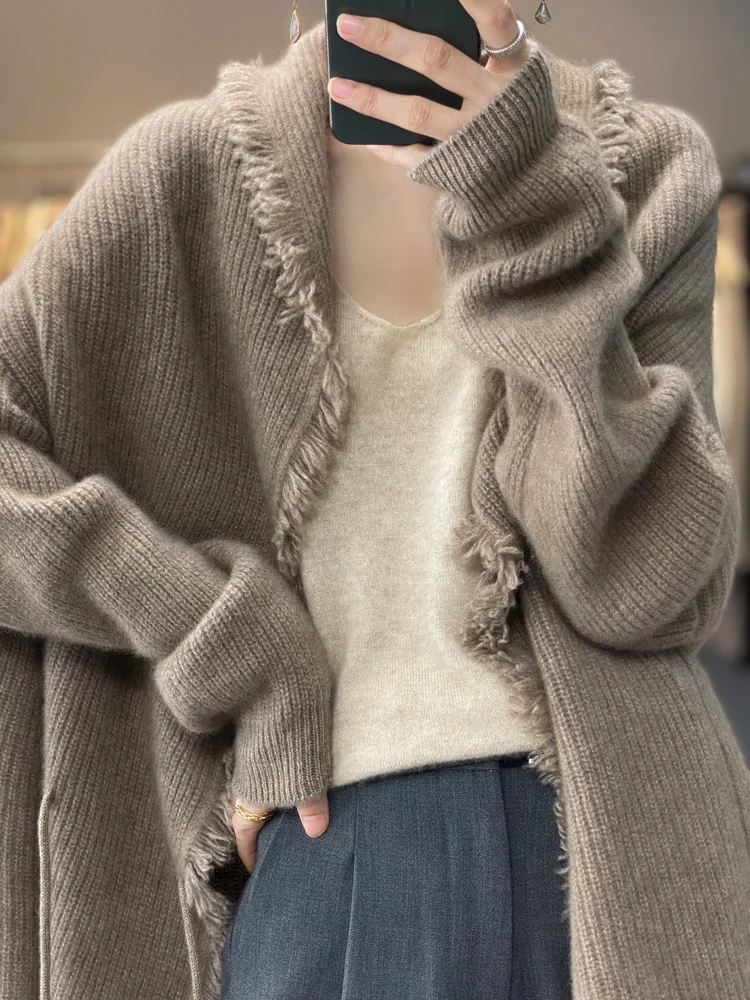 2024 New Autumn Winter Tassel Women Cashmere Sweater 100% Merino Wool Knitted Casual Loose Cardigan Knitwear Fashion Top Coat