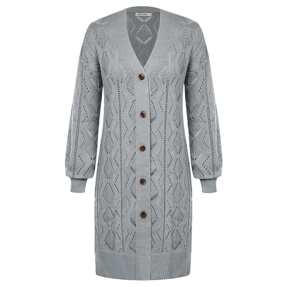 GK Women Winter Warm Hollowed Out Long Sleeve Cardigan Side Slit Mid-Thigh Length Button Up Sweater Female Slim Fit Sweater