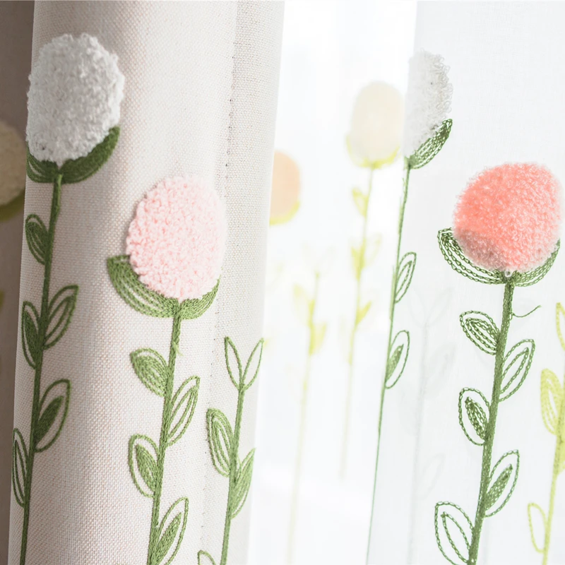 

Korean Pastoral Curtains for Living Room Children's Room Girl's Bedroom Custom Embroidered Flowers Cute Tulle Sheer Cotton Linen