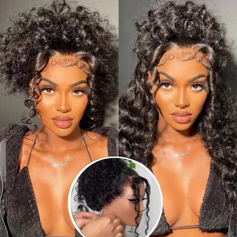 

Hidden Strap 360 Lace Frontal Wigs Human Hair Deep Wave 13x4 HD Full Lace Front Wigs Glueless Drawstring Curly Wig 200% Dense