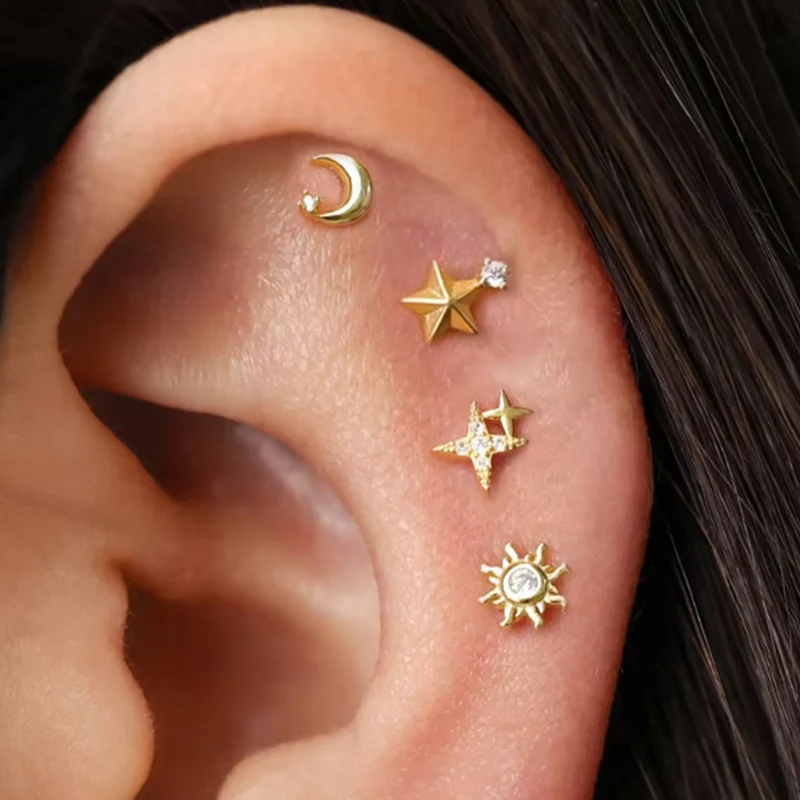 Conjunto de 4 brincos de estrela, lua e sol, estilo fashion, para mulheres, uso diário, piercing de cartilagem, brinco punk unissex, joias rock.