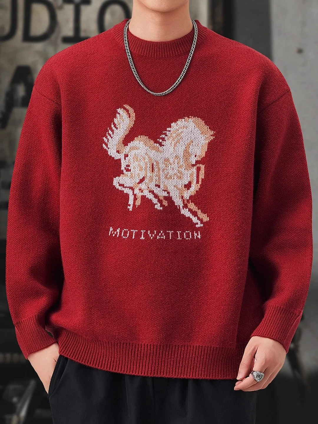 

Men's Thiened Red Knitted Sweater round Ne Vintage American Sle Warmth Casual Loose Fit Long Sve Winter Faion