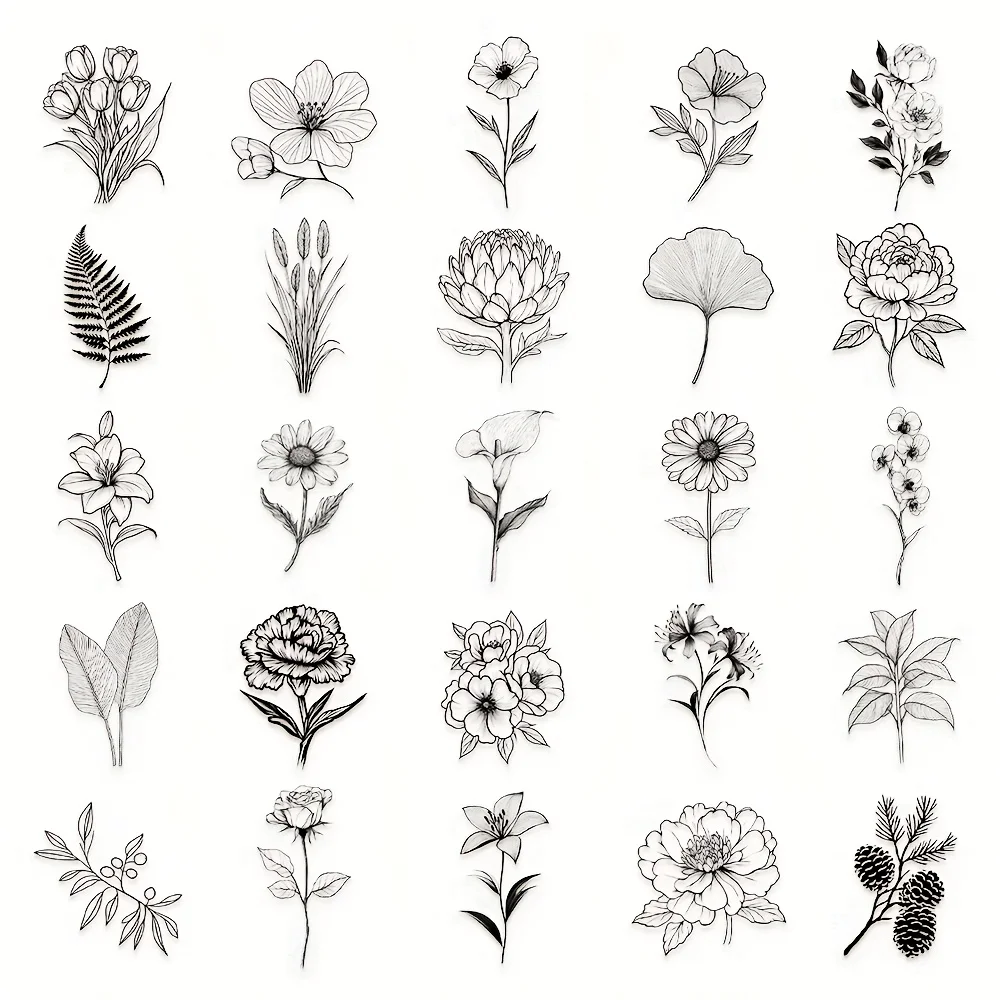 50 Stück Schwarz-Weiß Pflanzenaufkleber Einfache Linien Blumen Wasserdicht Dekorativ Laptop Scrapbook Tagebuch DIY Blumentopf-Aufkleber – Detail 6