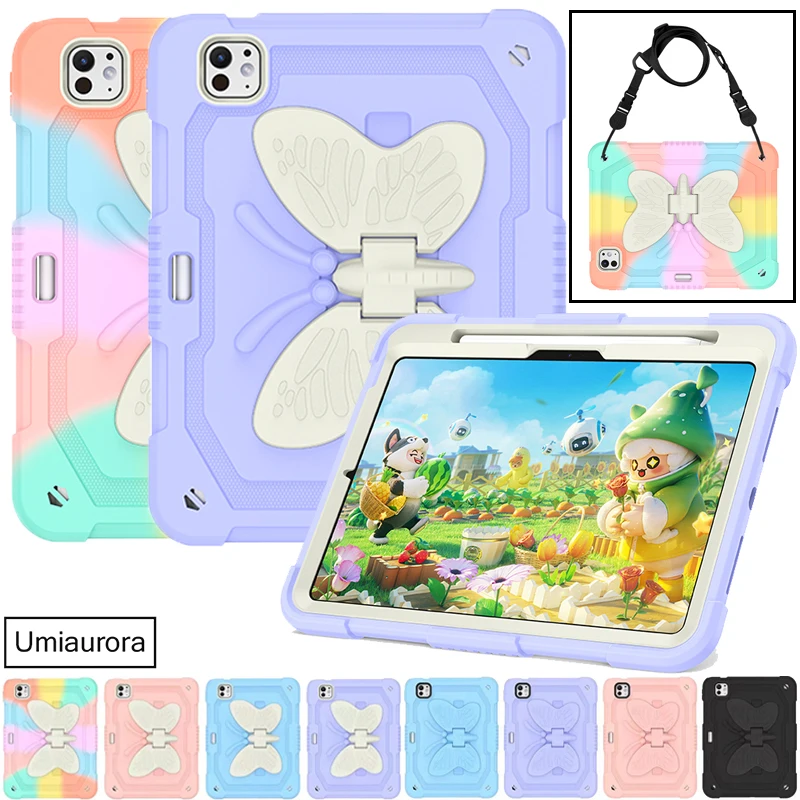 

For IPad Mini 8.3" A17 Pro 11 inch M2 M3 M4 M5 Air 10.9 Heavy Duty Rugged Tablet Case 3D Butterfly Stand Strap Shockproof Funda