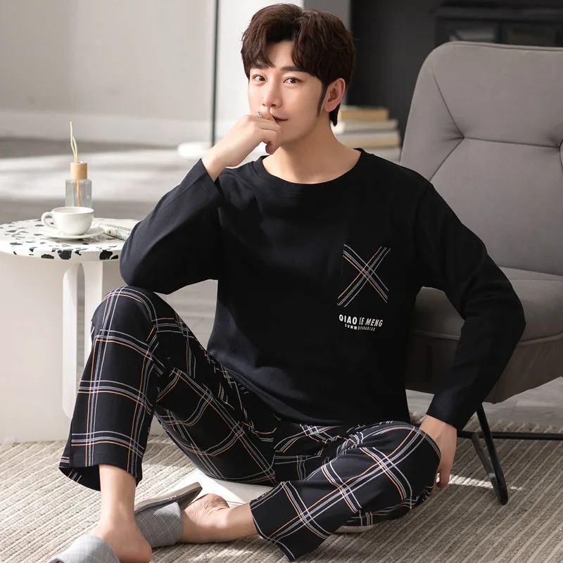 Men\'s Two-Piece Pajamas New Pajamas Homewear Men\'s Spring And Autumn Cotton Long-Sleeved Loose Autumn And Winter Homewear Suit