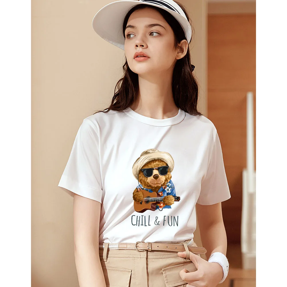 

Летняя женская повседневная футболка Chill Fun Guitar Bear Print Designer с коротким рукавом из 100% хлопка Удобные футболки женские мягкие футболки