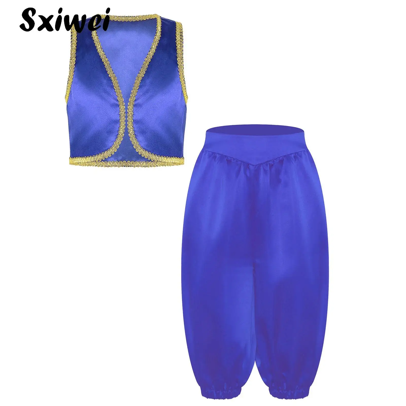 Boys Mythical Prince Arabian Costume Open Front Golden Genies Waistcoat Vest with Harem Pants Suit Halloween Carnival Dress Up