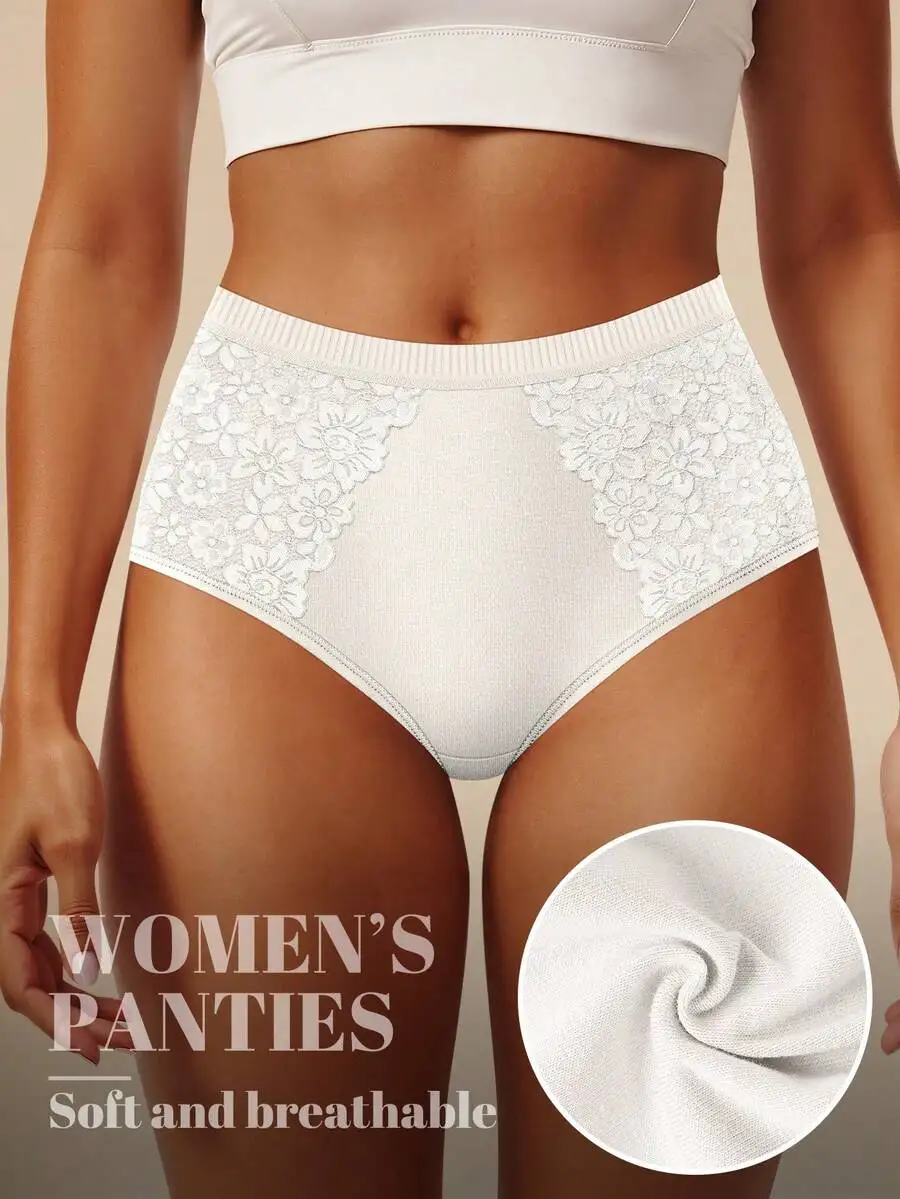 

5 Pcs Womens Cotton Mid-High Waist Panties With Lace Trim Floral Pattern Soft Breathable Briefs